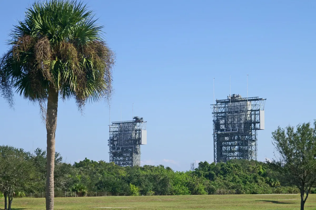 A large launch vehicle preparing for flight at a space launch facility.