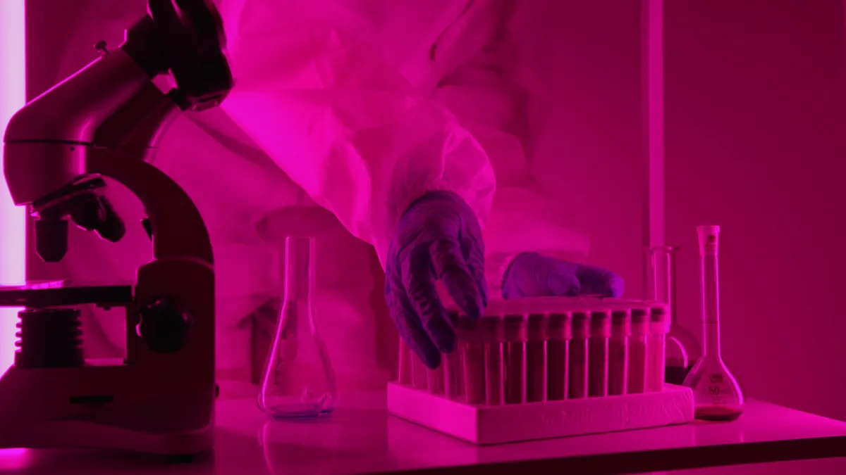 Scientists working with laboratory equipment in a controlled biological research environment.